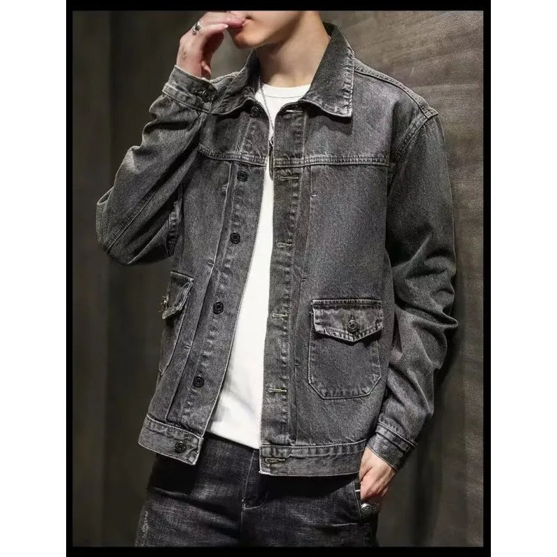 Black and gray Korean-style short denim coat jacket with side pockets and straight hem
