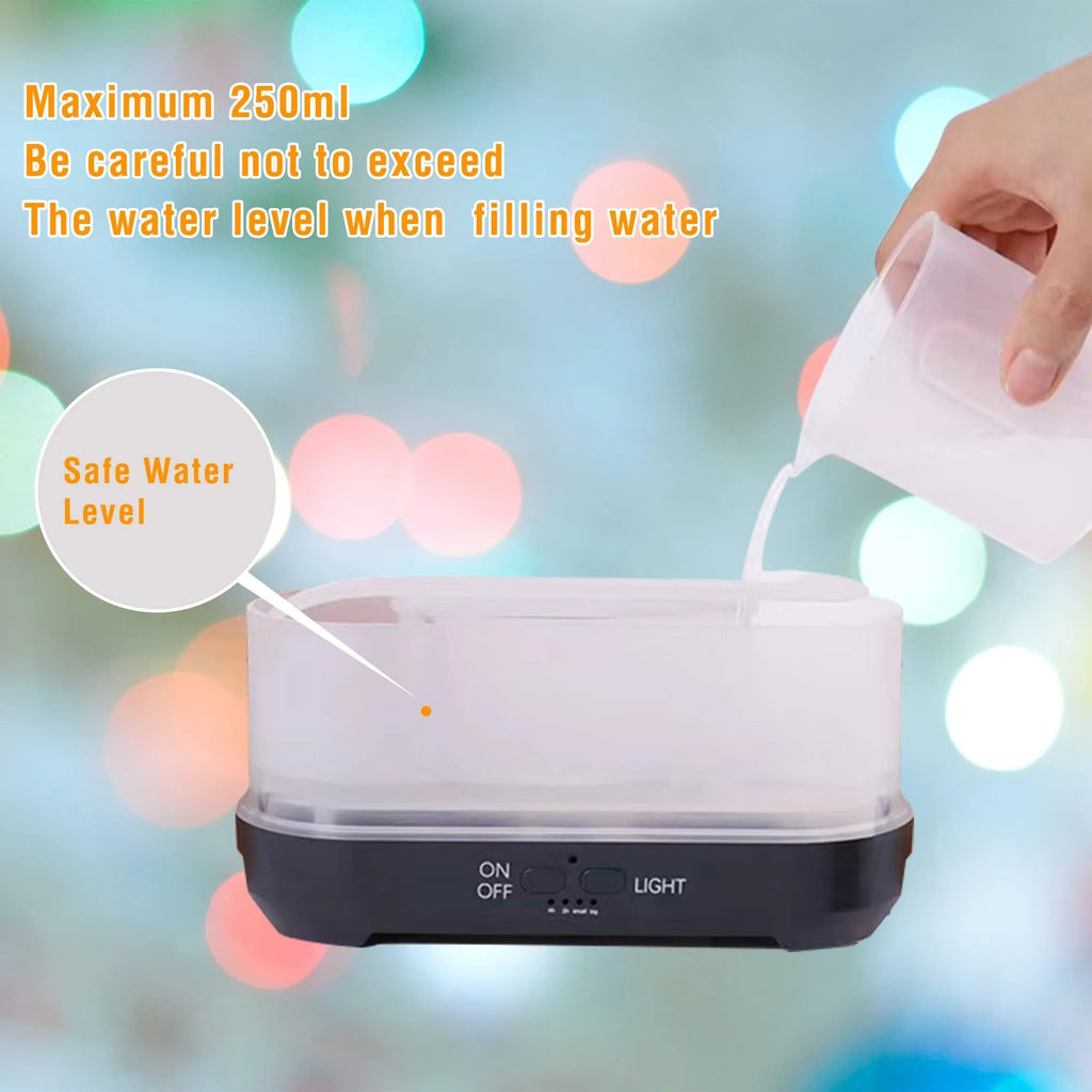 Square snowflake wood grain aromatherapy humidifier with colourful LED flame effect and remote control