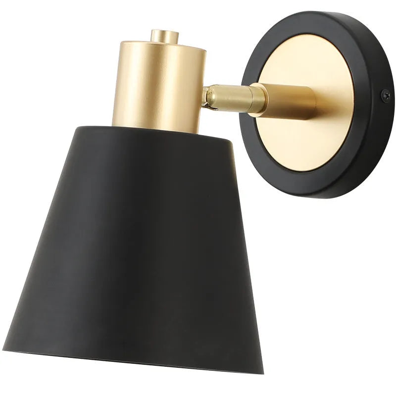 Black iron Nordic-style wall lamp mounted beside a bed with four different shade design options.