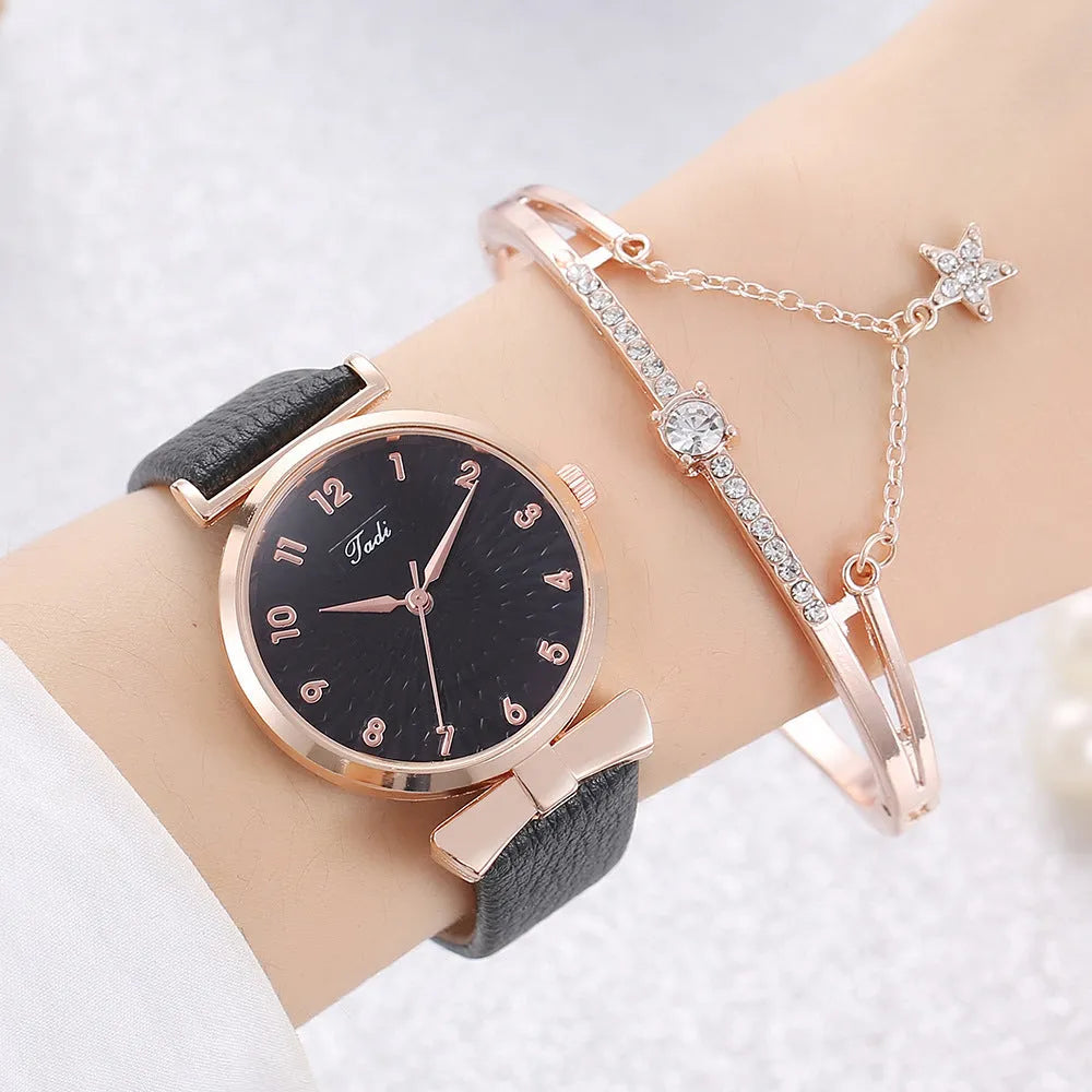 Fashion watch set for women with star love bracelet, white watch with matching bracelet, 8mm thin casing