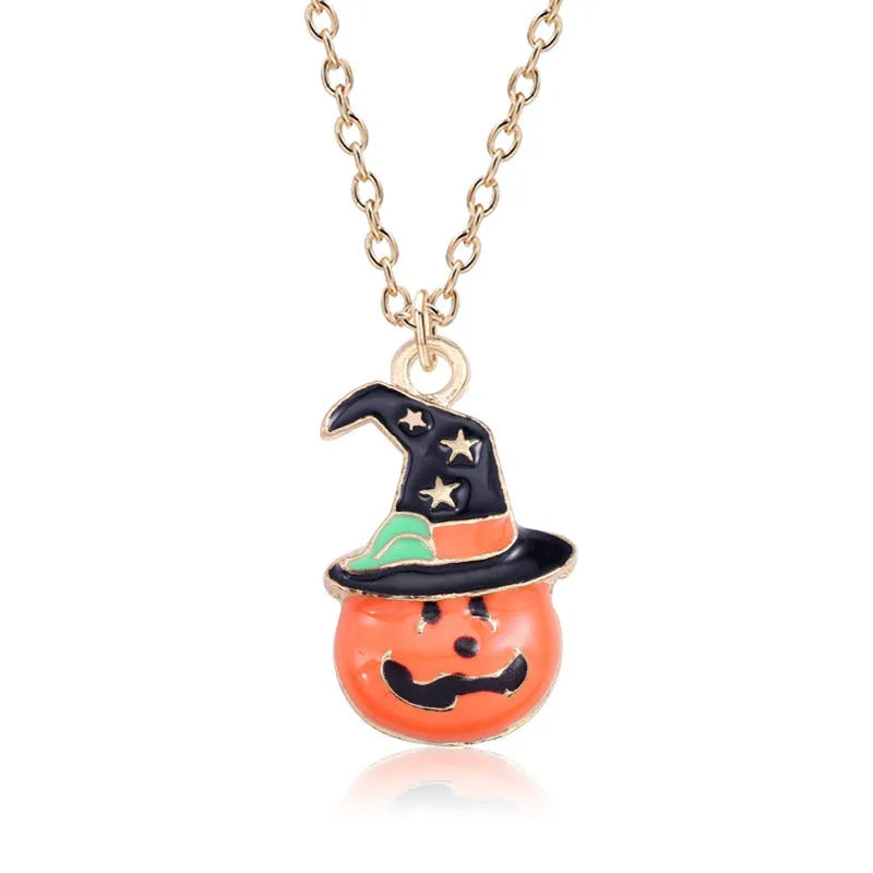 Halloween oil drop necklace with Cat head, Pumpkin, or Pumpkin hat pendant on a 45+5cm alloy clavicle chain