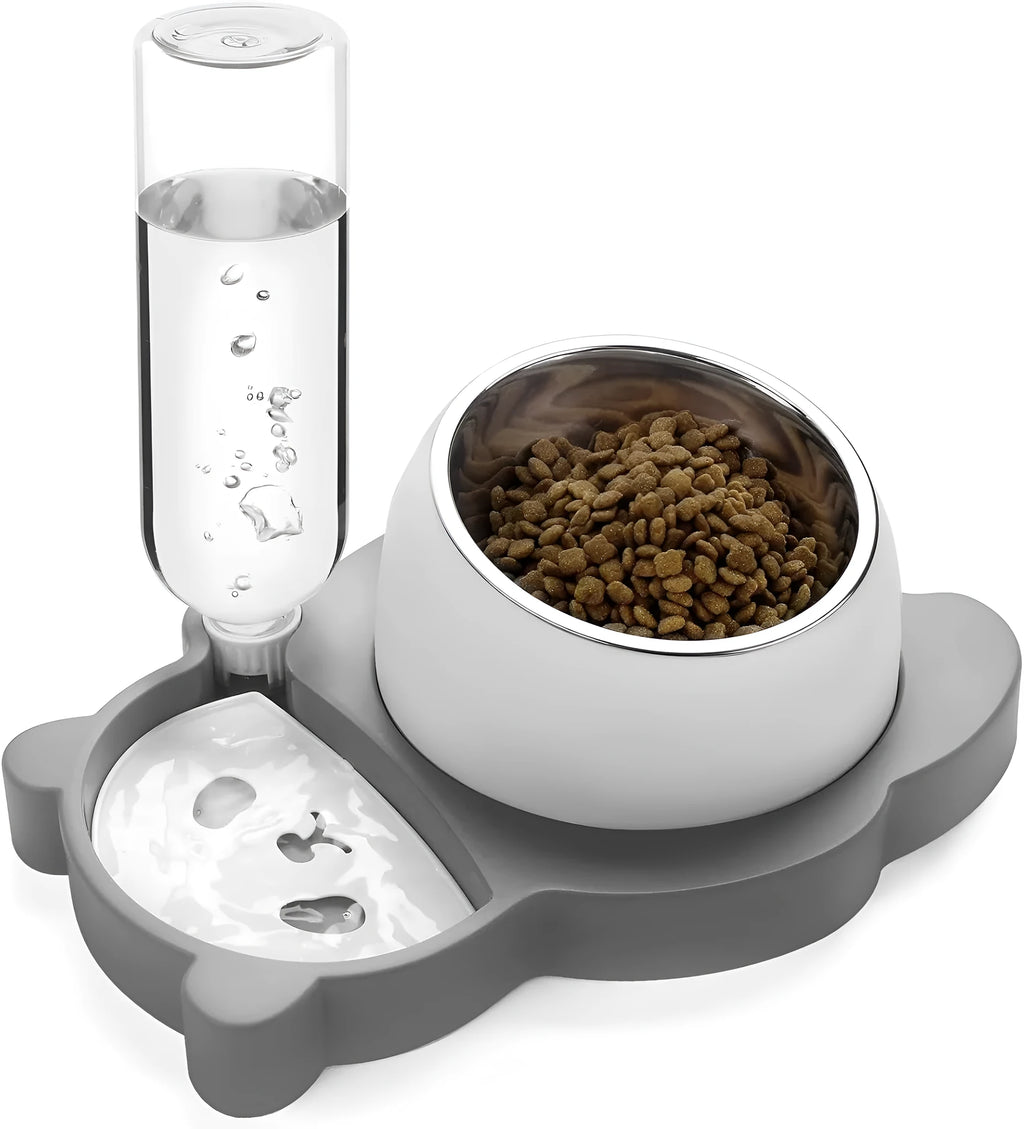 Grey panda-shaped raised pet feeder with tilted stainless steel bowls and a water bottle on a white background.