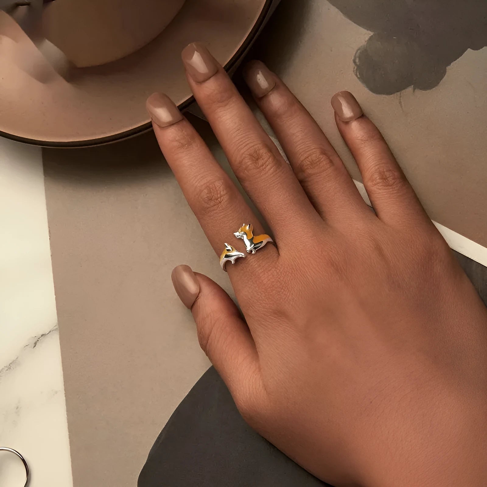 Silver electroplated fashion ring featuring cartoon corgi dog design with SCR1014-E colour finish