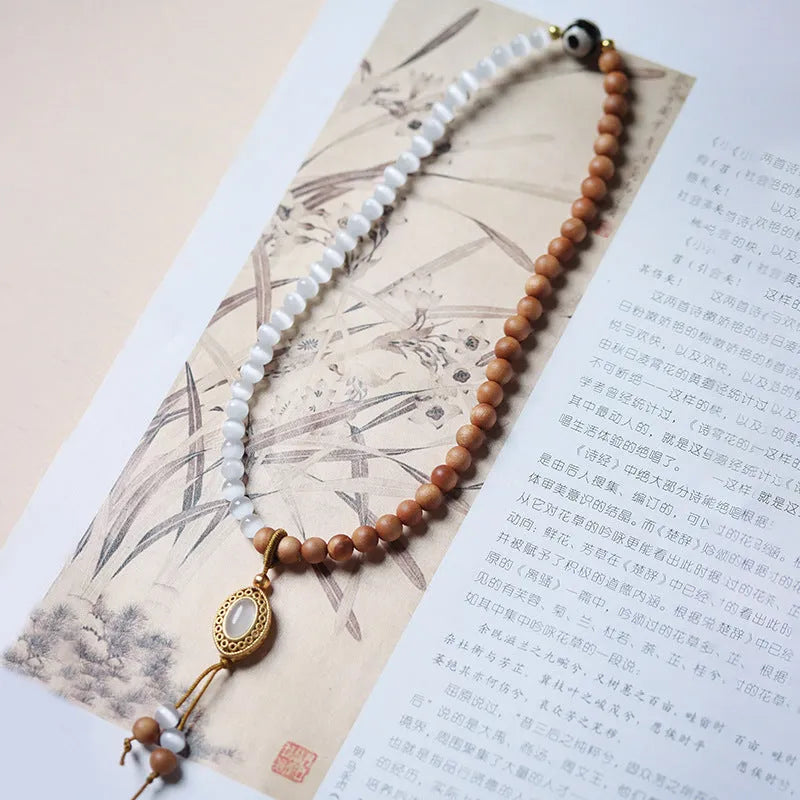 Sandalwood opal double ring bracelet with Tibetan beads and polished mixed-material finish