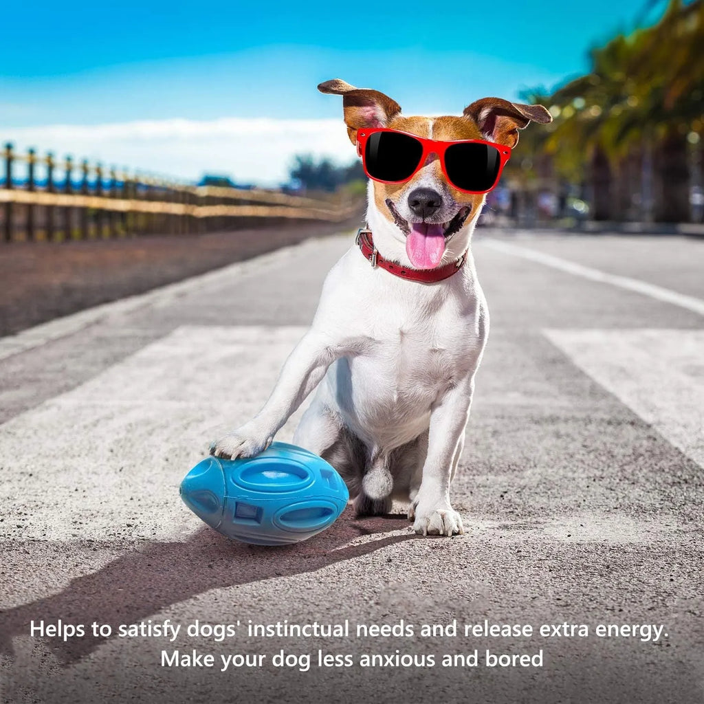 Blue natural rubber squeaky dog chew ball with grooved surface, for medium and large breeds.