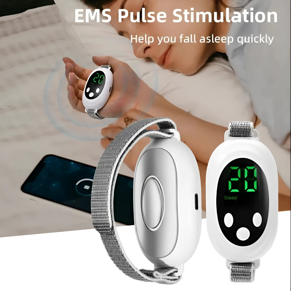 White USB rechargeable sleep aid device with handheld remote control and adjustable intensity settings