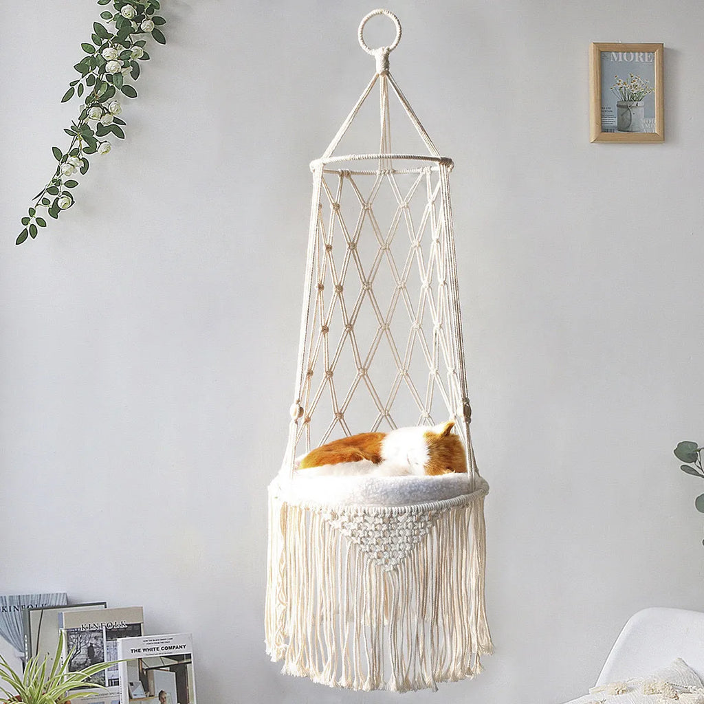 Macrame hanging pet bed handmade cotton rope cat hammock wall mounted natural colour