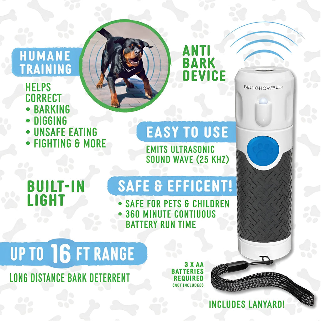 White handheld ultrasonic dog bark control trainer unit on a plain background.