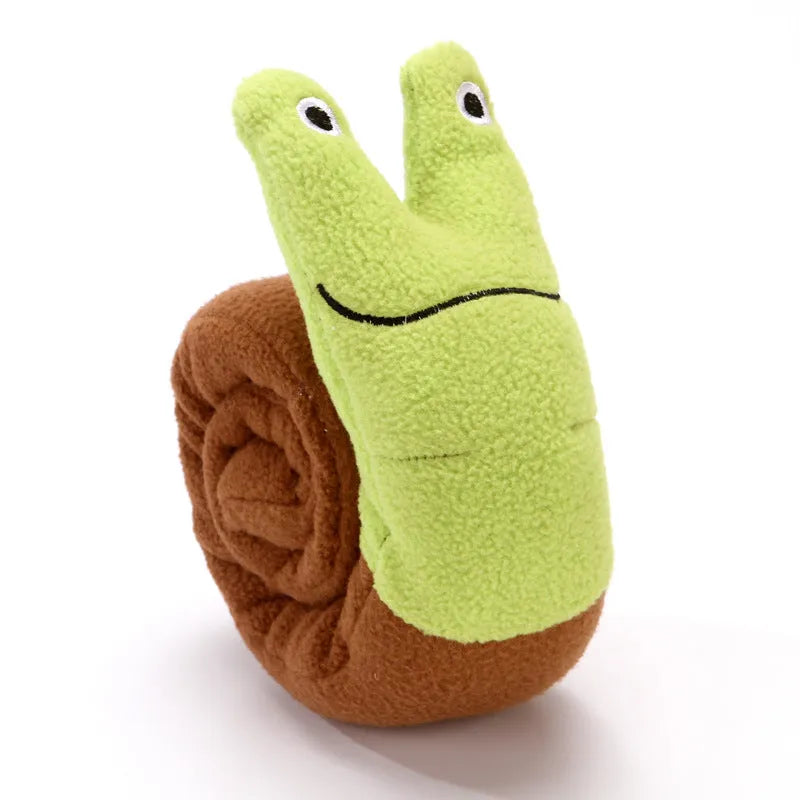 Squeak dog toy in snail shape with hidden food holes for foraging training