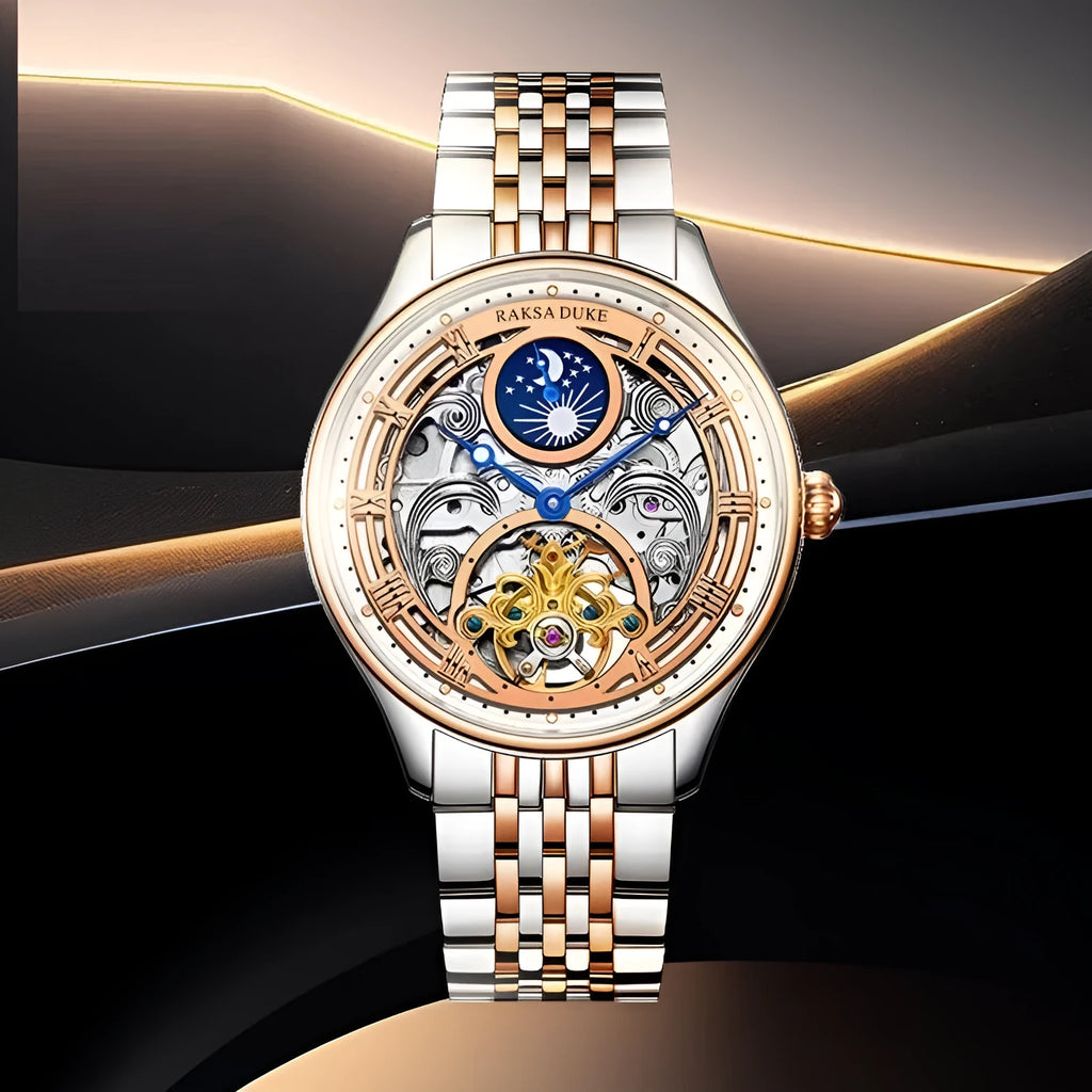 Men's business waterproof watch with 16mm case and steel or leather strap options in white or rose gold
