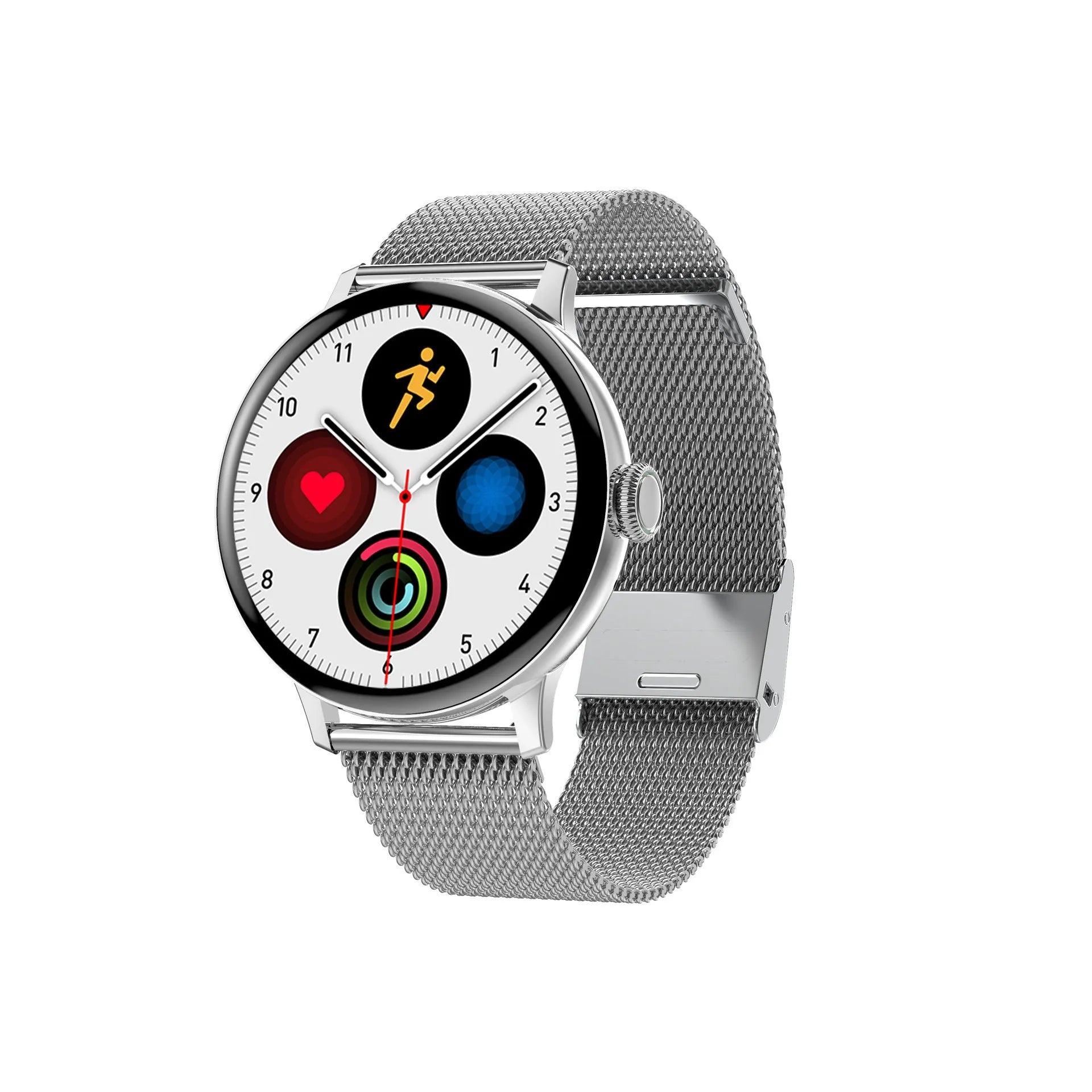 Black steel Bluetooth smart bracelet with touch screen on a wrist, showing heart rate display.
