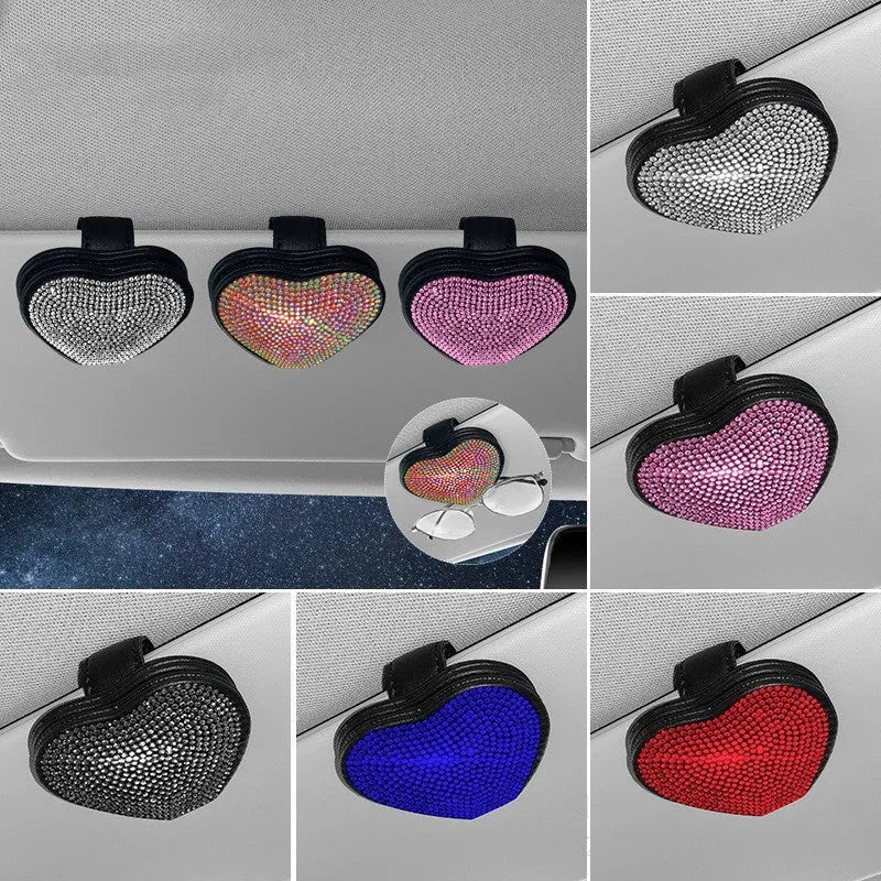 Black PU leather car sun visor clip with magnetic closure for holding sunglasses.
