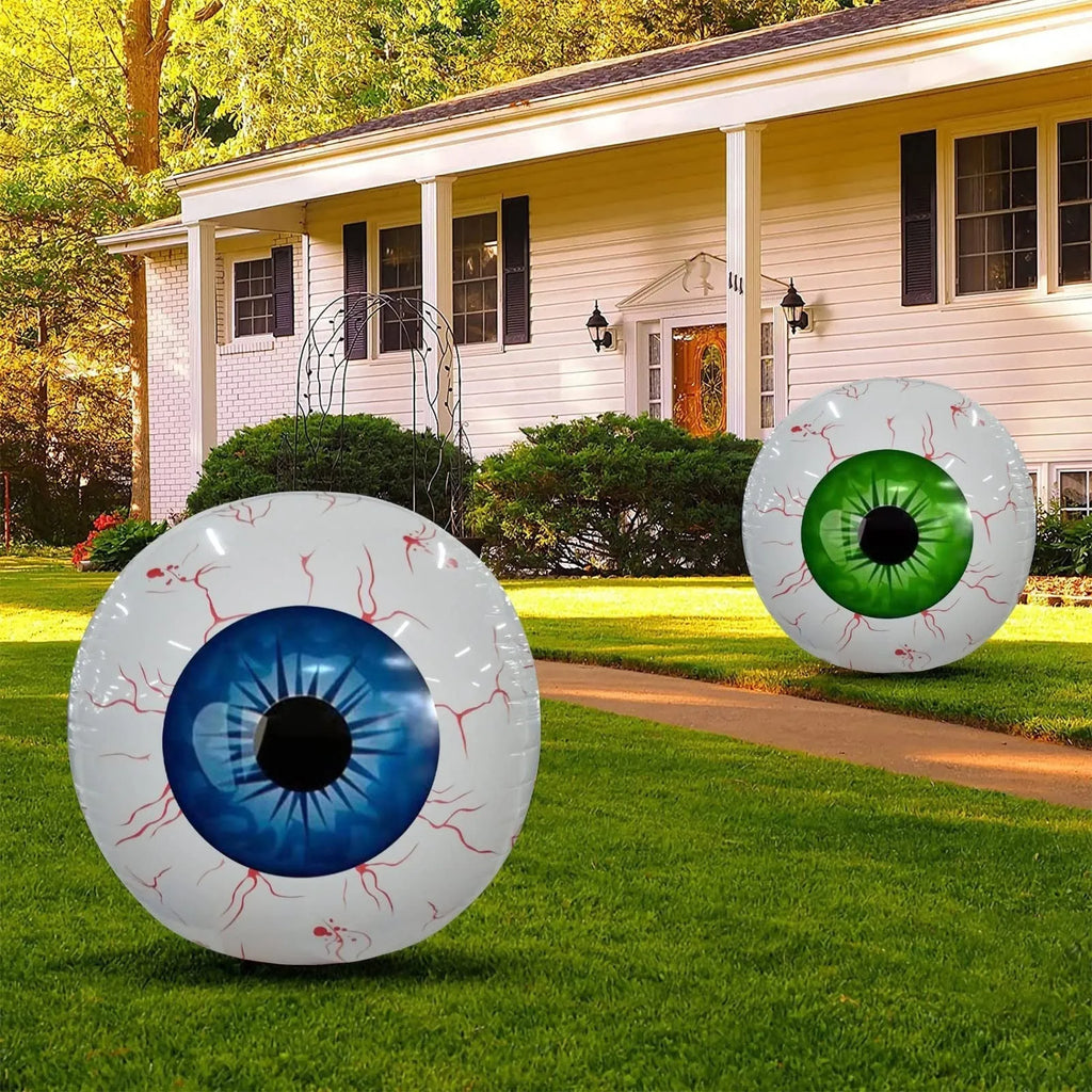 Green Halloween eyeball balloon with red bloodshot veins, shown inflated to 40 cm diameter.