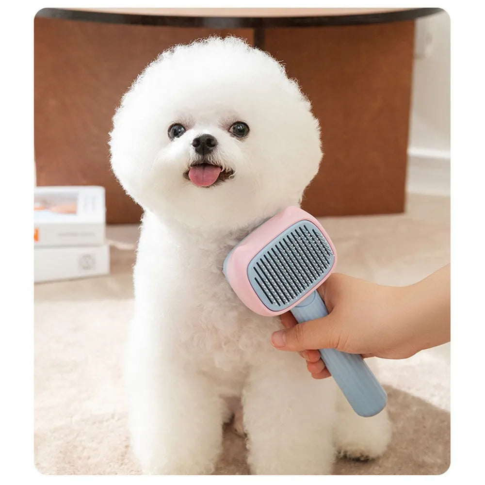Blue and green pet grooming brush with a double-sided head for deshedding and dematting.