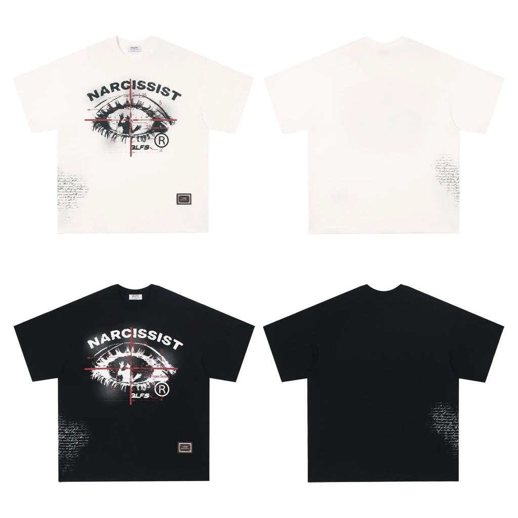 Black retro hip hop gothic letter print cotton T-shirt on a hanger