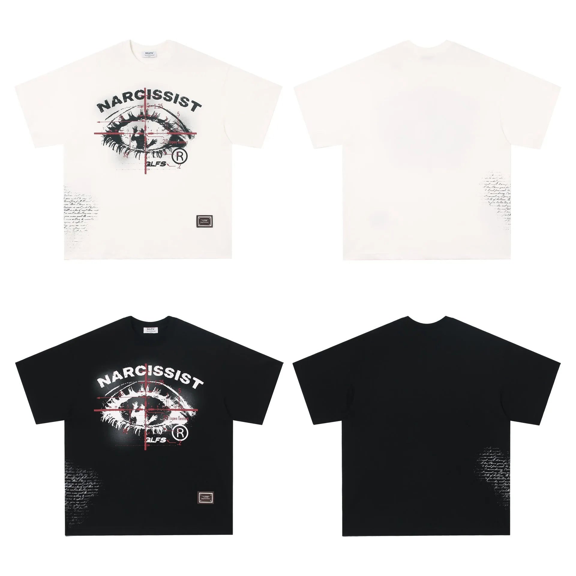 Black retro hip hop gothic letter print cotton T-shirt on a hanger
