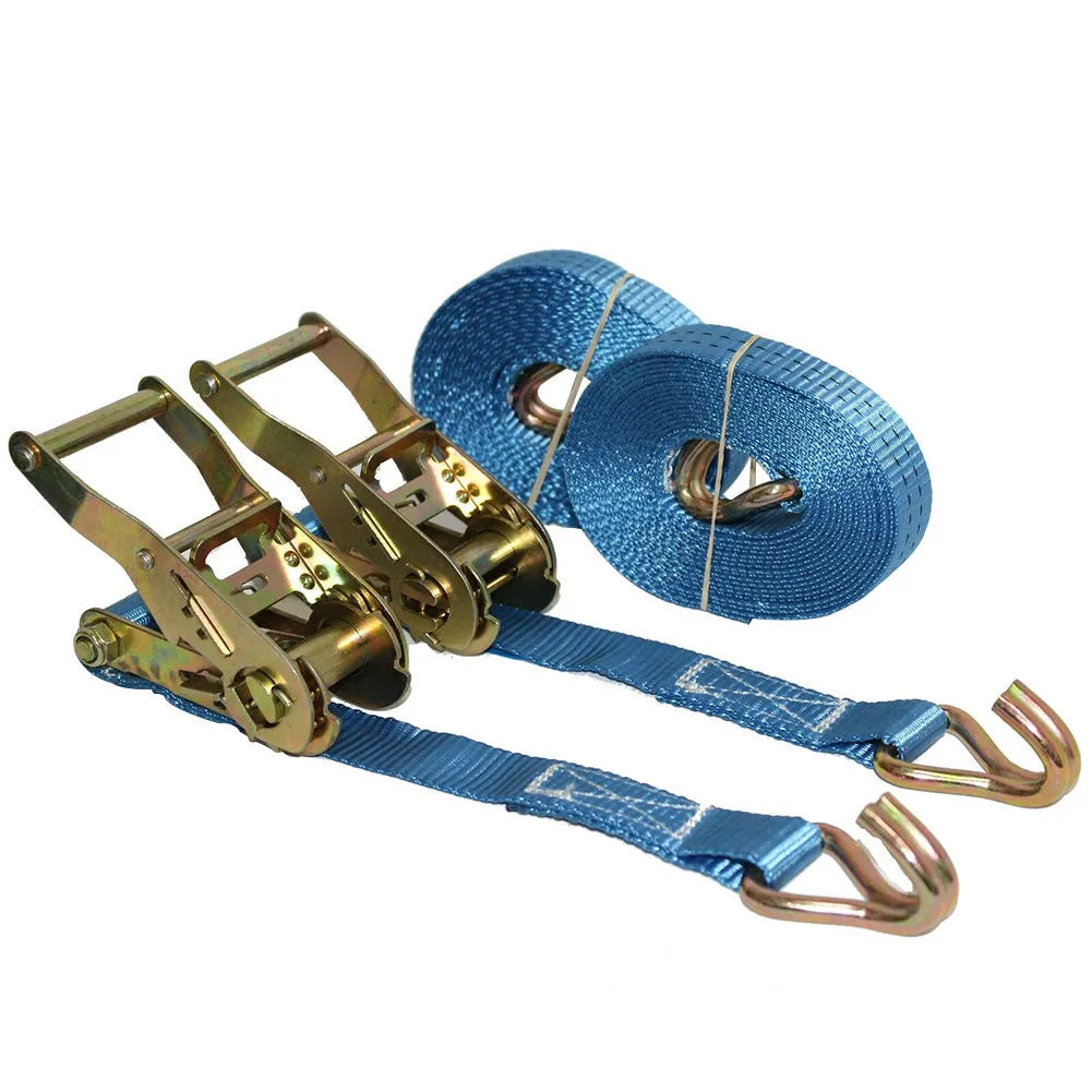 Steel ratchet tensioner fastening strap with double triangular hooks and polyester webbing