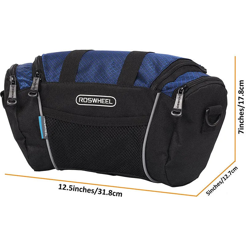 Canvas bicycle handlebar bag front bag 32x11x17cm navy blue on bike handlebars