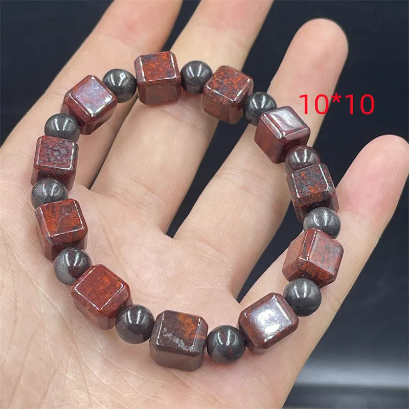 Bloodstone quartz rock jade bracelet showing tiger tooth, bamboo joint, lucky pendant, back of turtle, and cube sugar design options.
