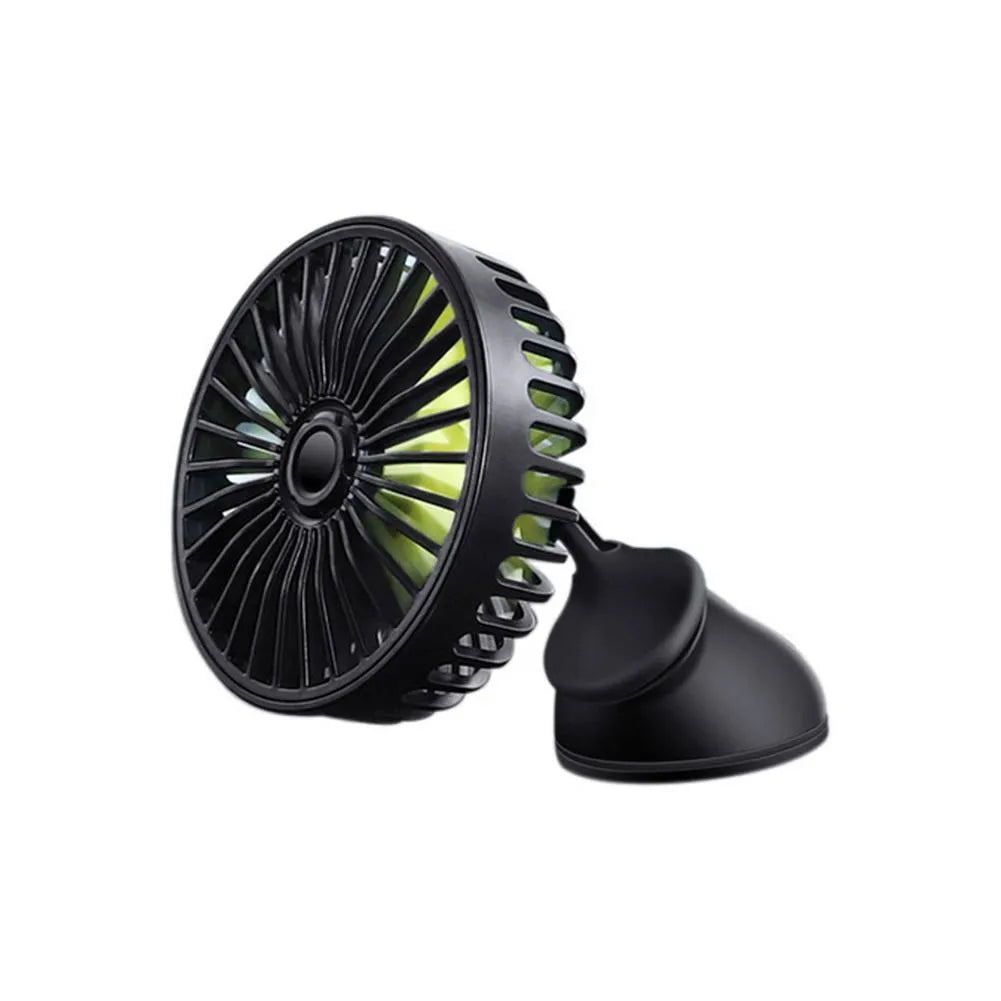Black car mini electric fan with suction cup mounted on dashboard, 360 degree rotation, USB powered