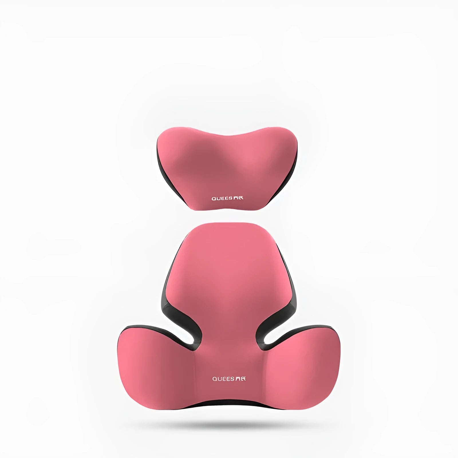 Black and grey memory foam lumbar support pillow and headrest on a car seat.