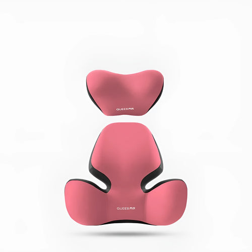 Black and grey memory foam lumbar support pillow and headrest on a car seat.