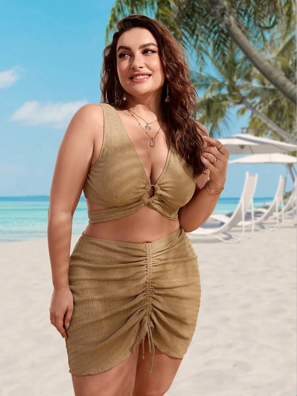 Women's loose brown polyester swimsuit suit, sleeveless briefs style, sizes 0XL-4XL