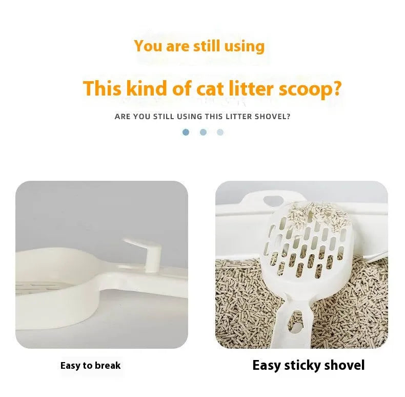 Black zinc alloy cat litter scoop with long handle and 0.8cm sifting gaps.