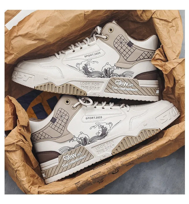 Men's beige high-top lace-up board shoes with a cloth upper and rubber sole on a white background.