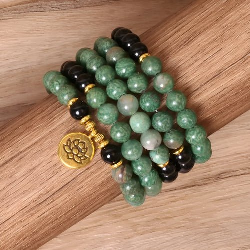 Green and black alloy elastic bracelet with beaded natural style design
