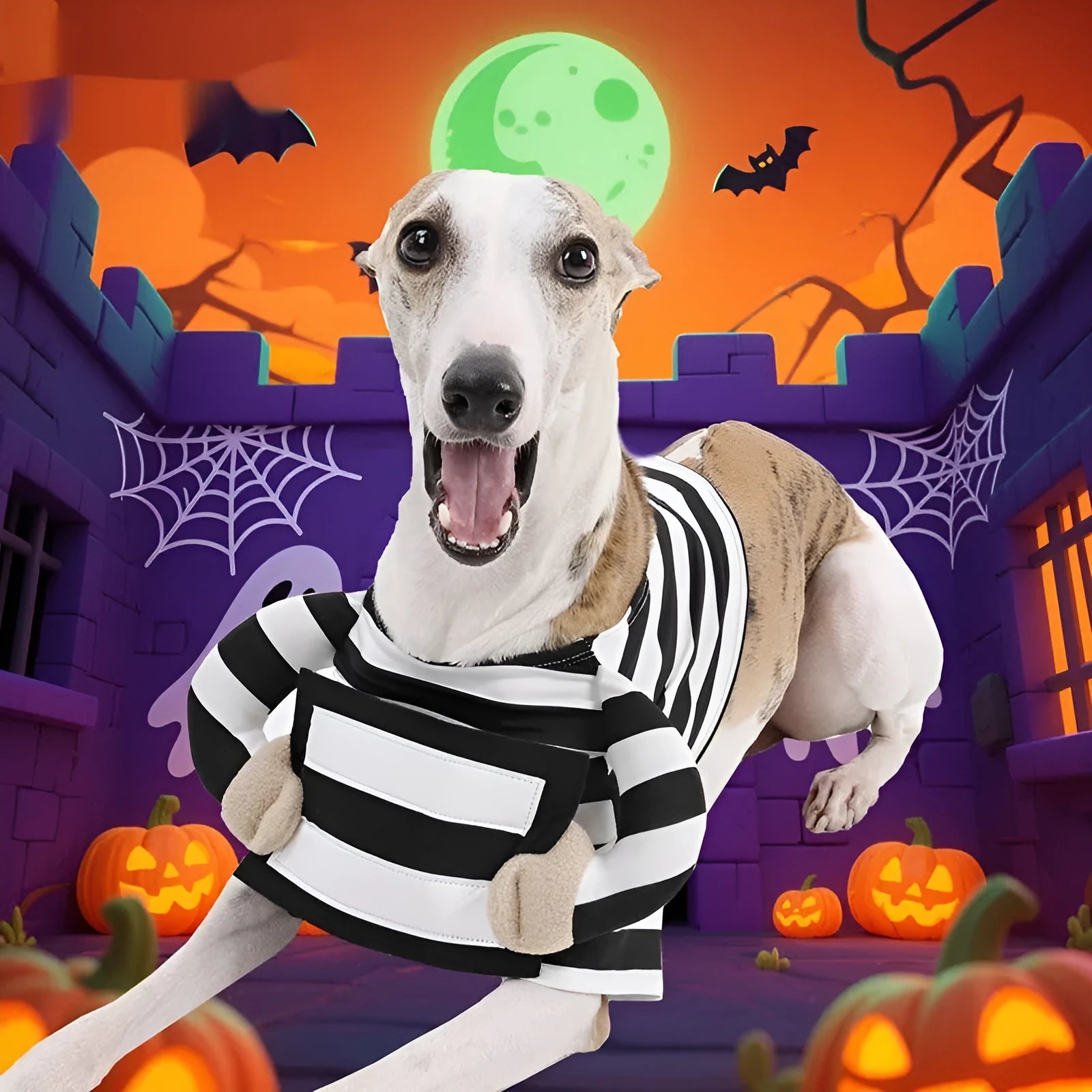 Black and white striped dog Halloween pet costume made from polyester on a white background