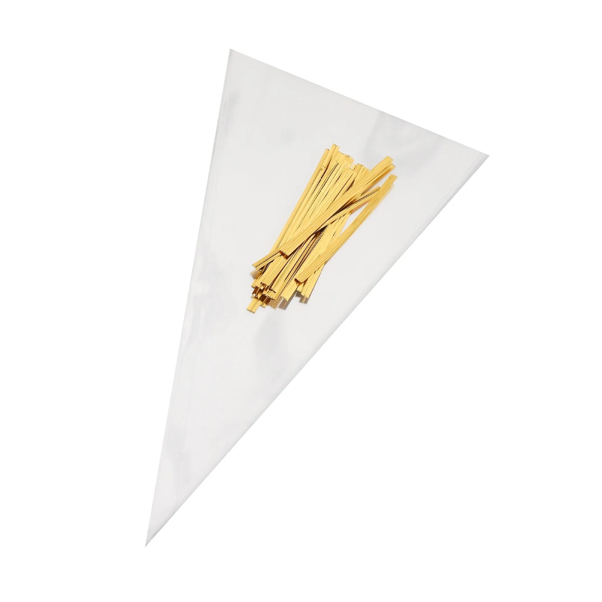 Triangle clear plastic packaging bags with metal wire ties in three different sizes