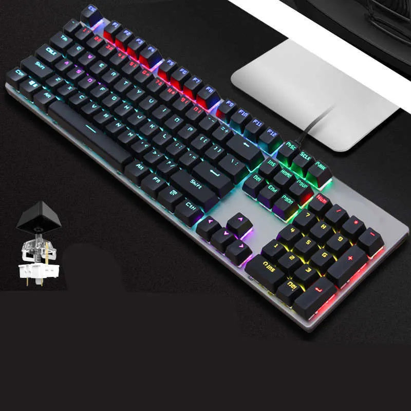 GK410 mechanical keyboard with USB cable showing metal construction and 104-key layout