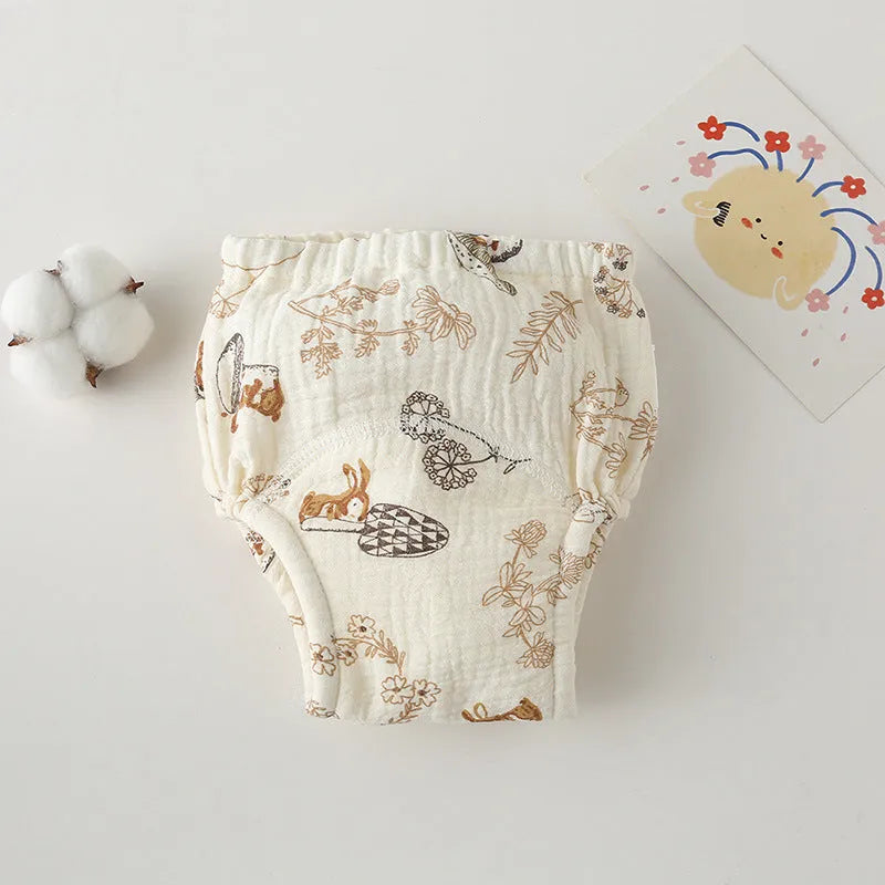 Gauze cotton baby training pants in pure cotton with waterproof layer, ring waist design