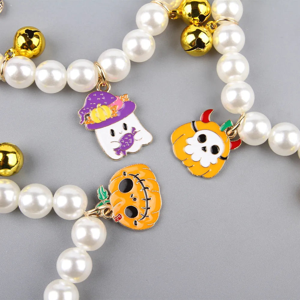Halloween cat collar with simulated pearl beads in purple ghost pumpkin design