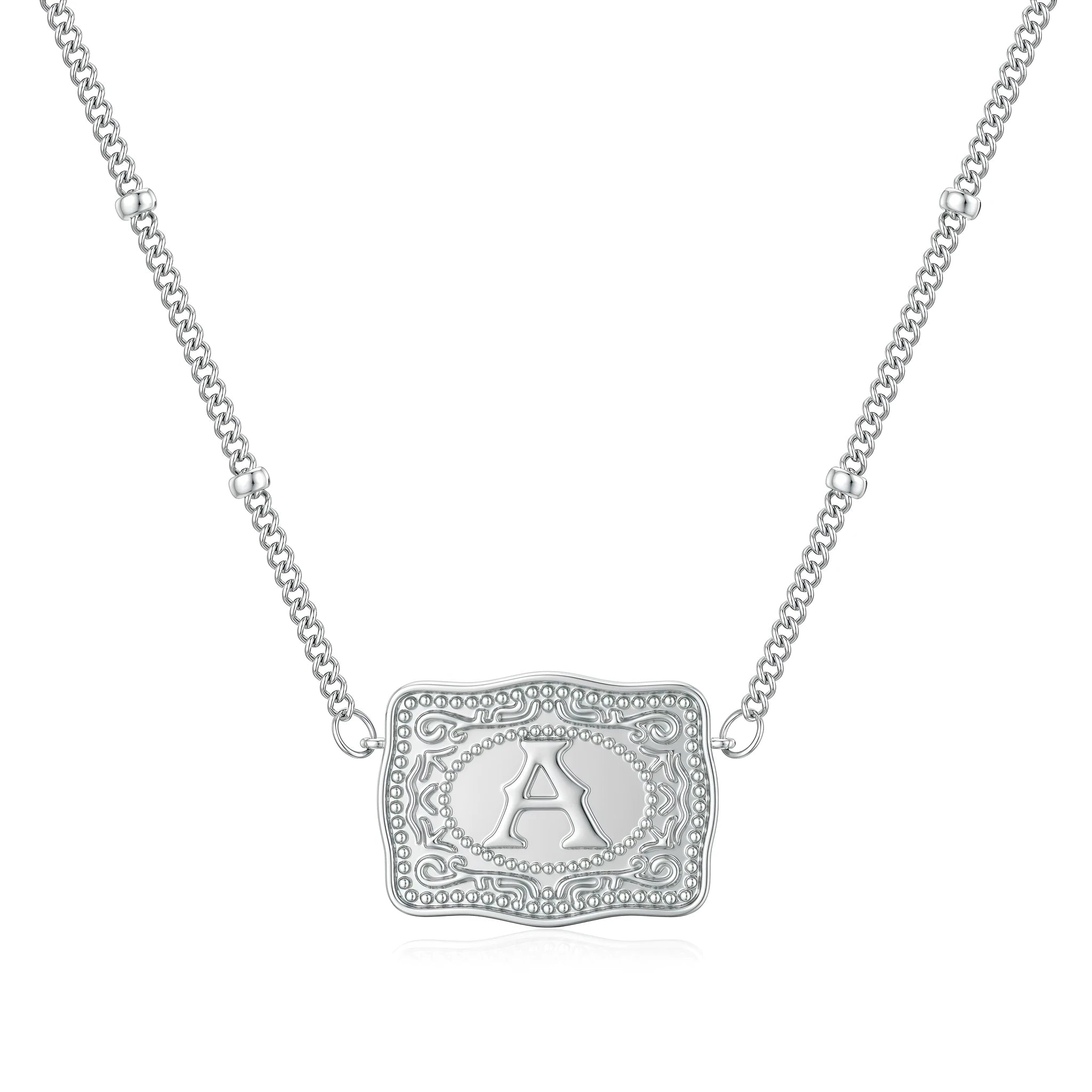 Gold and white K electroplated copper letter necklace showing A to Z purity options