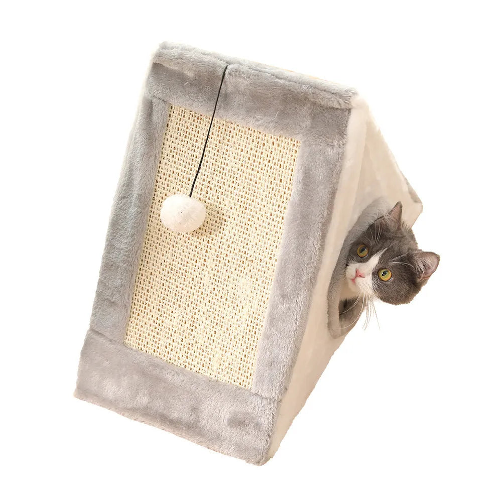 Triangle-shaped grey and white cat bed with integrated sisal scratching surface.