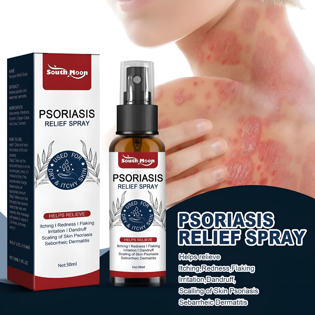 30ml bottle of body care relief spray with a spray pump, shown with its box.