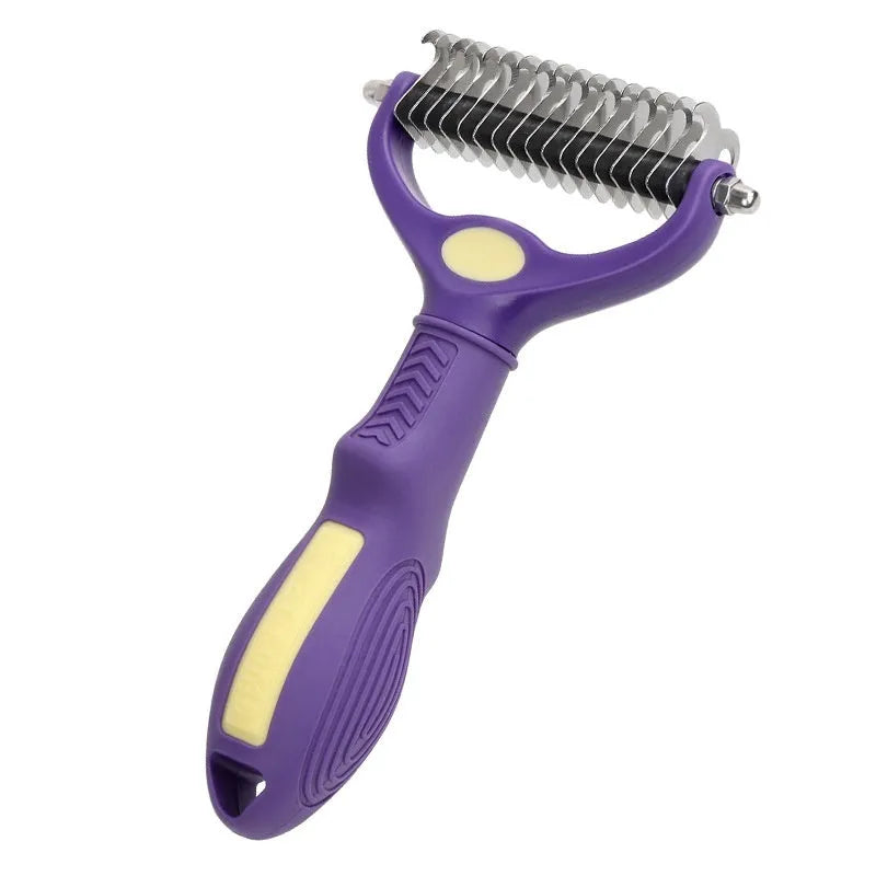 Purple plastic double-sided pet grooming comb for untangling knots on dogs and cats.