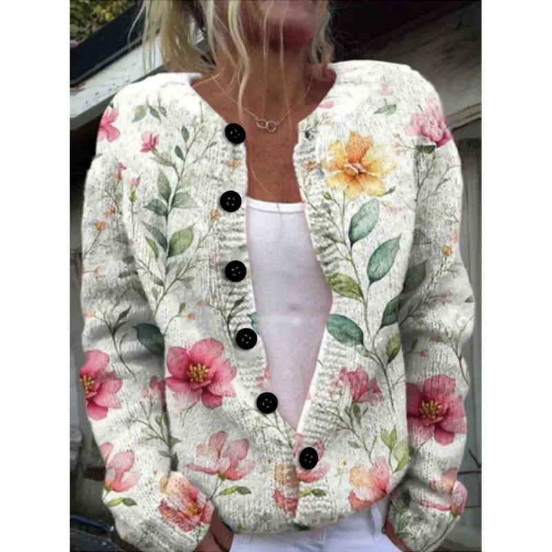 Yellow digital print cardigan with a raised 3D pattern, shown as an open knit coat.