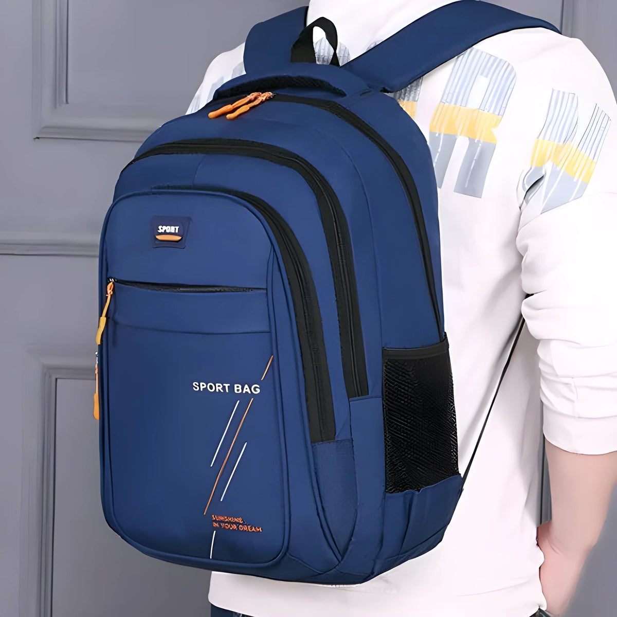 Fashion sports backpack in solid colour with letters, PVC body, polyester lining, 36-55L capacity, curved shoulder strap.