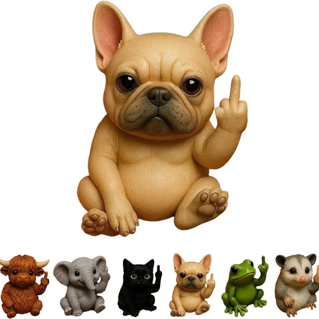 Mini resin animal middle finger doll figurine in choice of seven animal designs including cat, dog, and turtle.