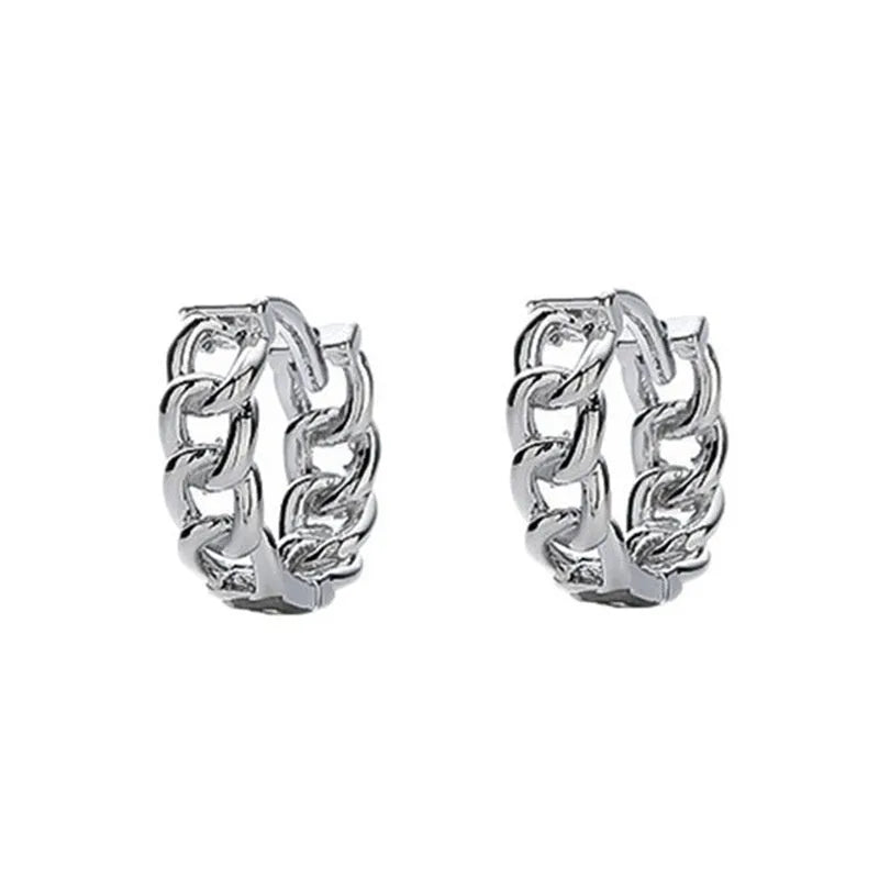 Men's geometric copper earring in silver, shown in single and pair configurations at 10mm and 14mm sizes.