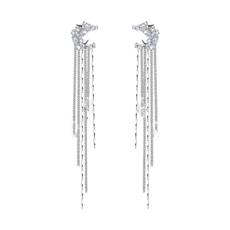 Alloy moon zircon long tassel chain clip-on earrings without ear holes women's ear clips