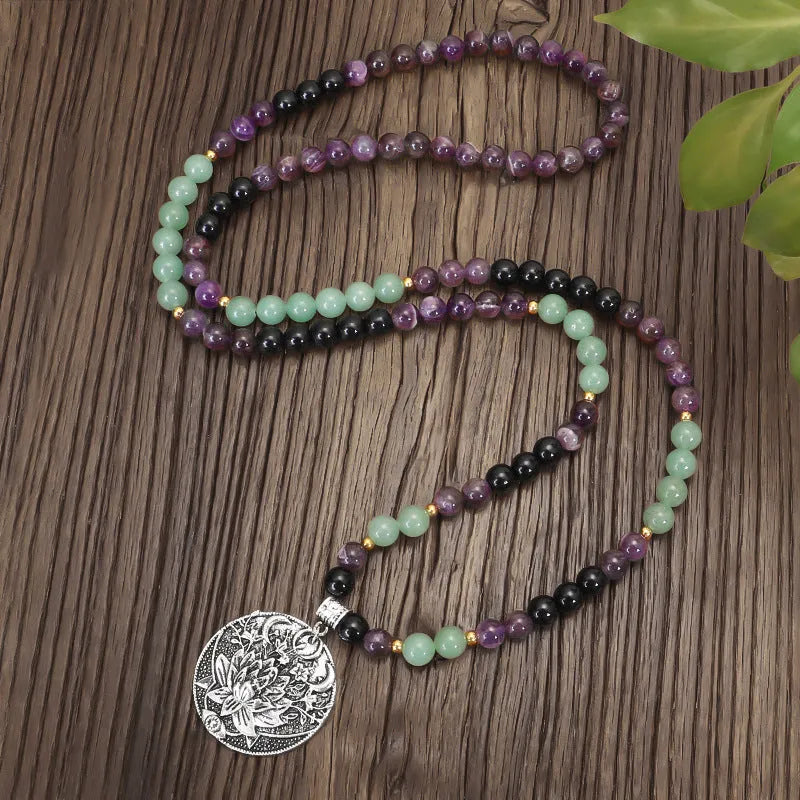 Yoga lotus pendant necklace and matching bracelet set with handmade stone beads