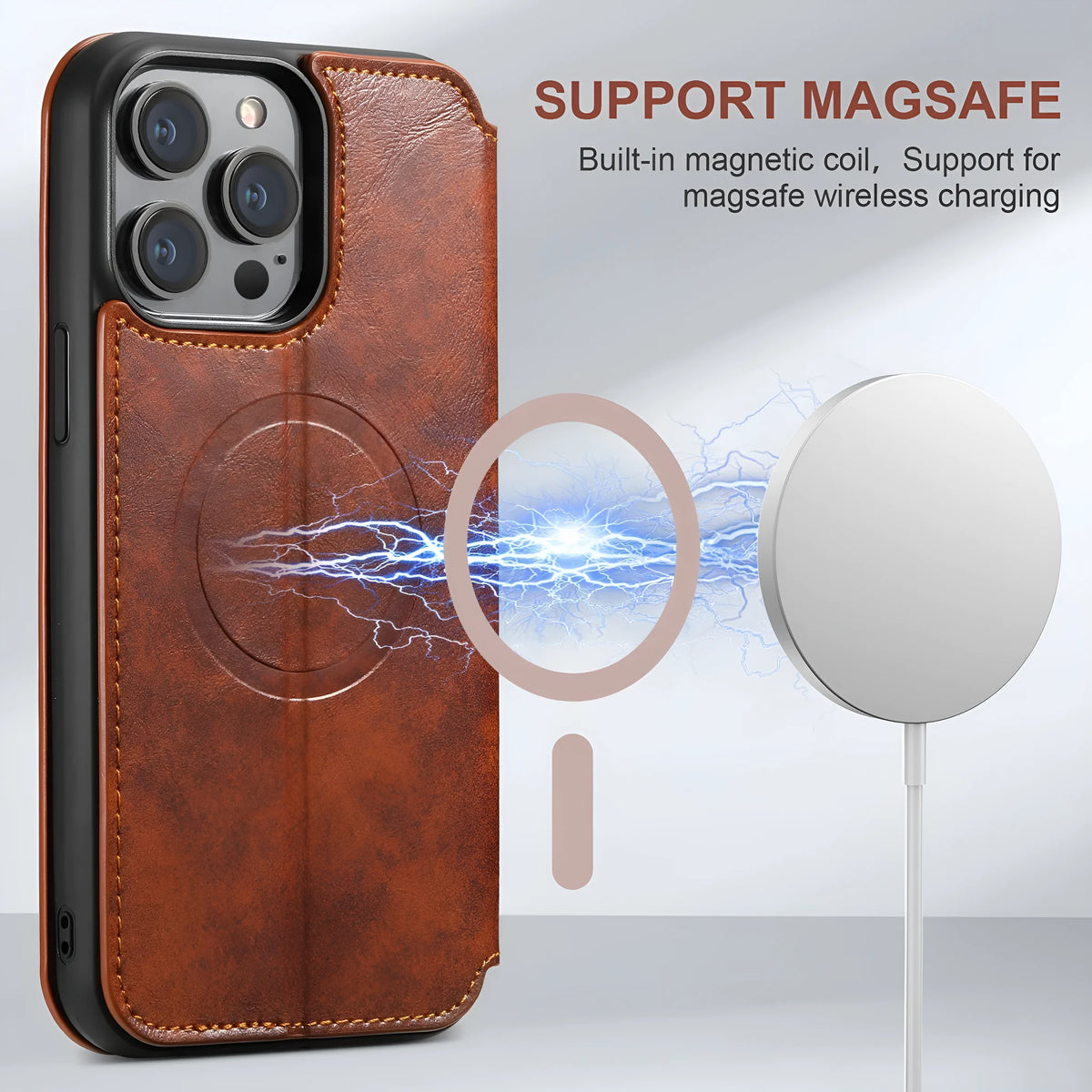 Magnetic wireless charger protective leather case phone case with bracket and card slot in J05 Black