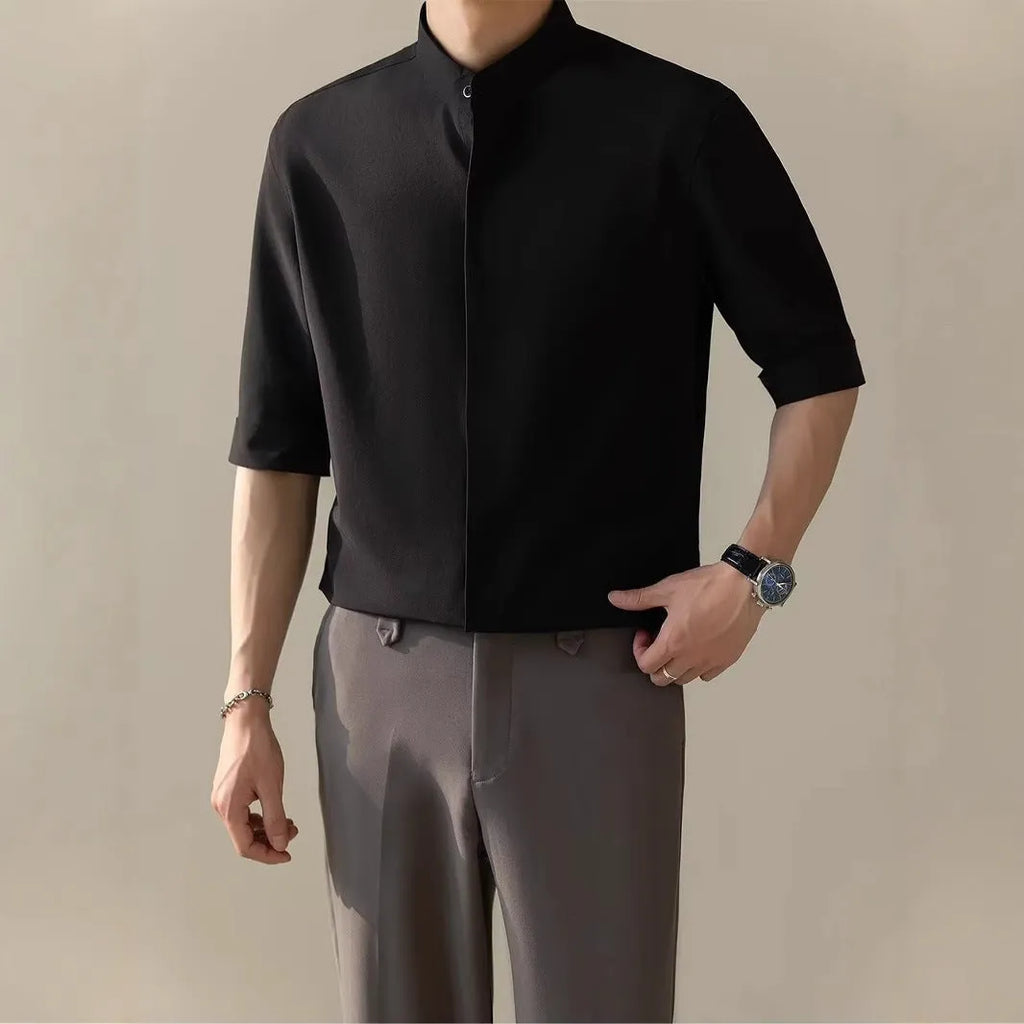 Men's thin stand collar short sleeve shirt in black, half sleeve, polyester blend fabric