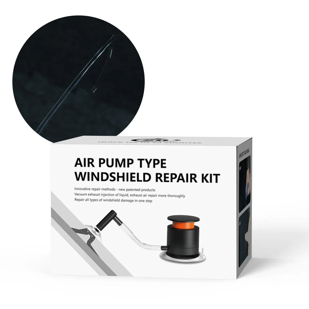 Plastic car windshield crack repair tool kit with broken glass corrector for DIY use.