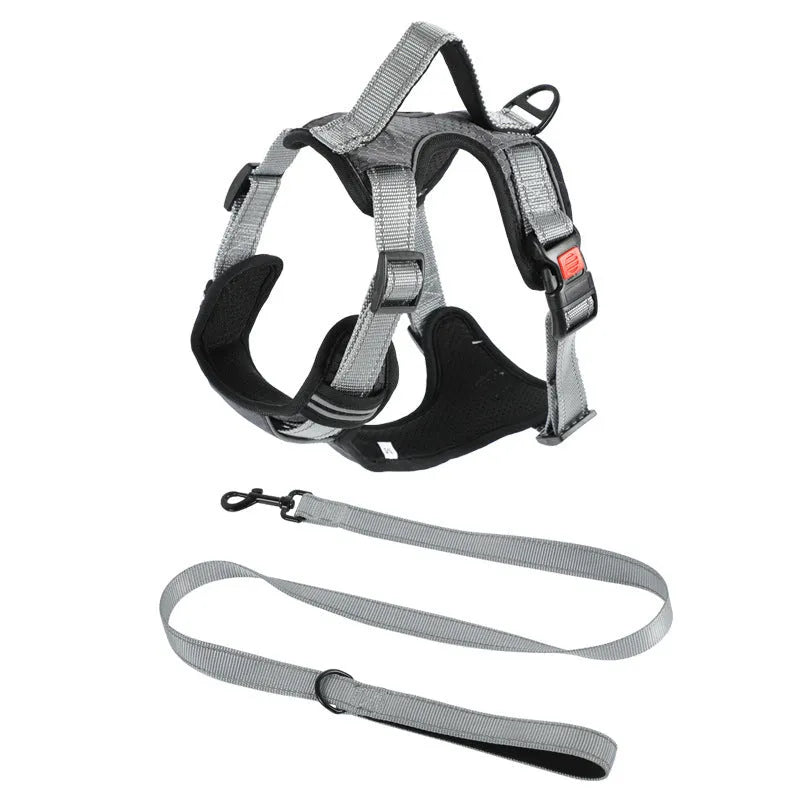 Orange adjustable dog chest strap vest harness with an integrated hand holding rope.
