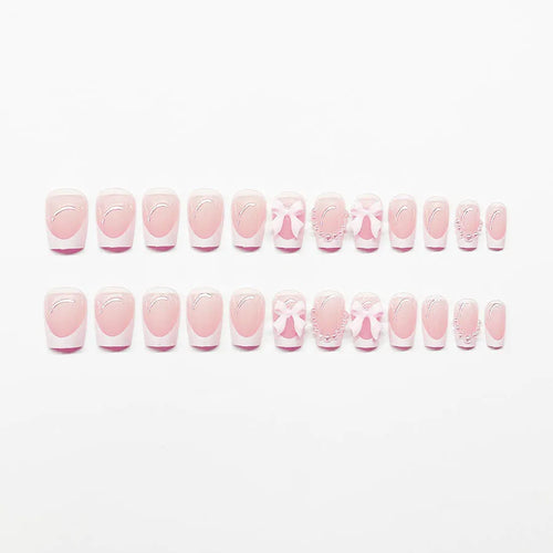 Artificial French manicure nail set with bow decorations and multiple patterns
